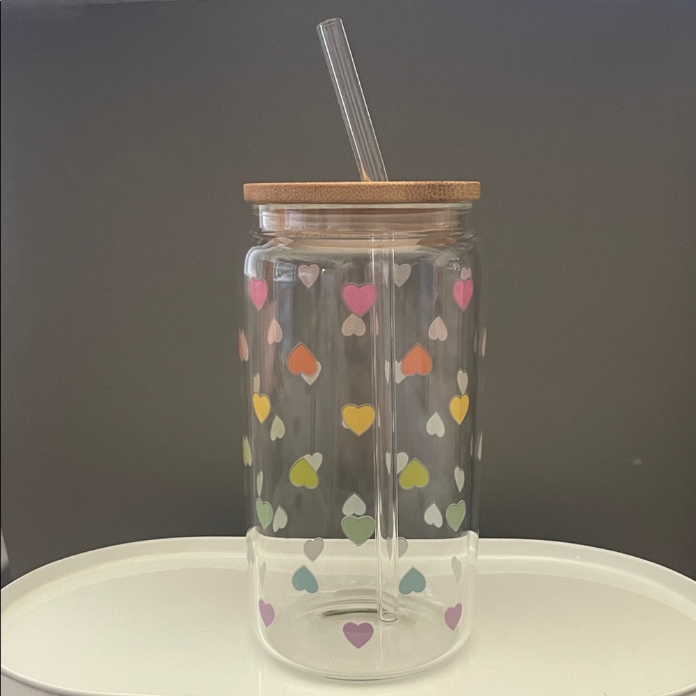 Heart Pattern Glass Tumbler with Bamboo Lid and Straw